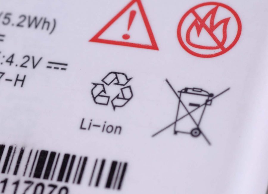 SARANSK, RUSSIA - APRIL 20, 2018: Li-ion battery with various symbols such as CE marking, WEEE symbol and others.